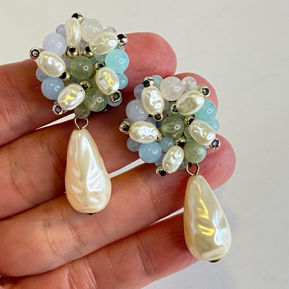 Vintage Style Pastel Bead Faux‎ Baroque Pearl Cluster Drop Clip On Earrings